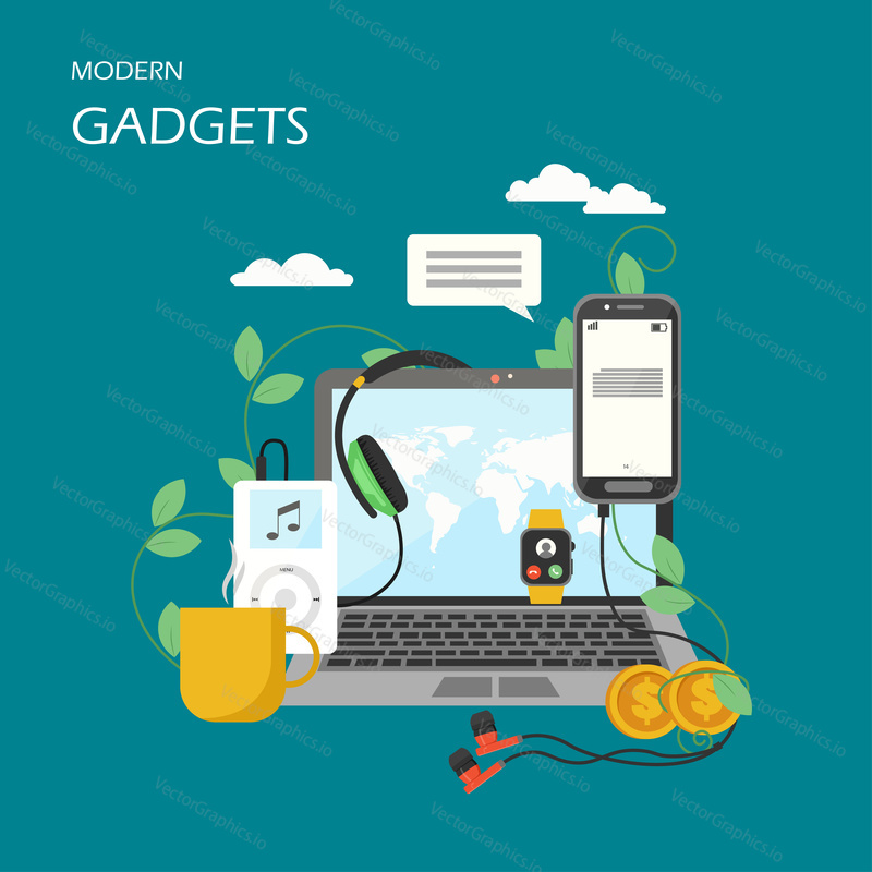 Modern gadgets vector flat illustration. Laptop, mobile phone, headphones, music player, smart watch. Fashionable electronic devices and new wearable technology poster, banner.