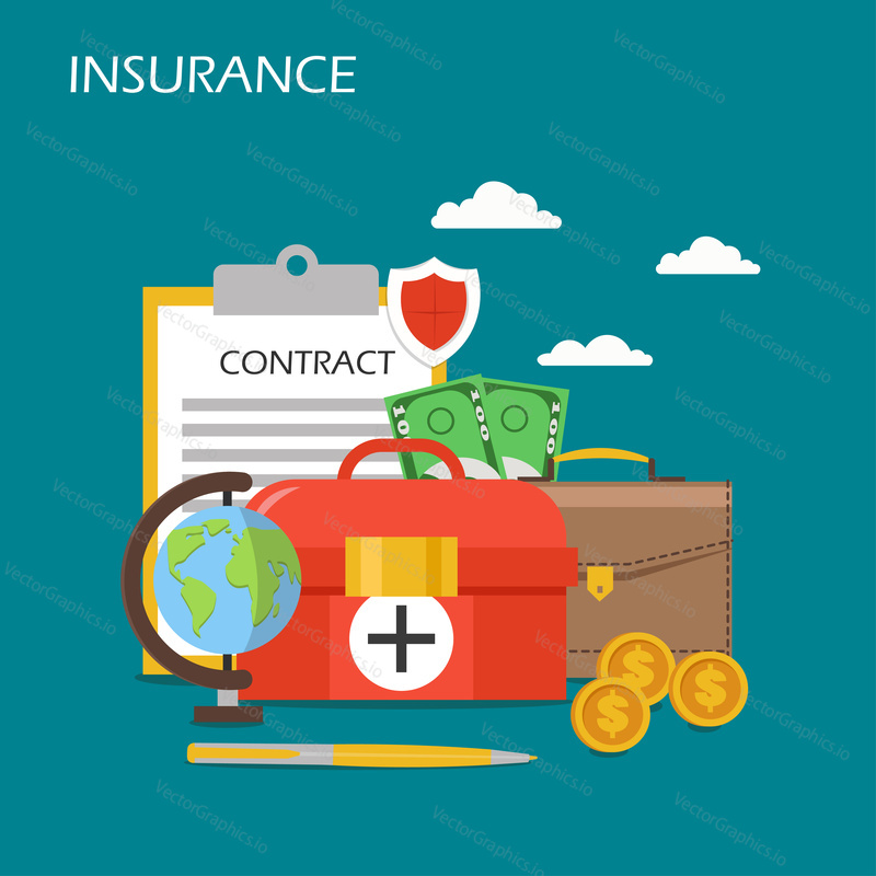 Insurance concept vector flat illustration. Shield, briefcase, contract, dollar coins and banknotes, first aid kit and globe. Insurance services poster, banner.