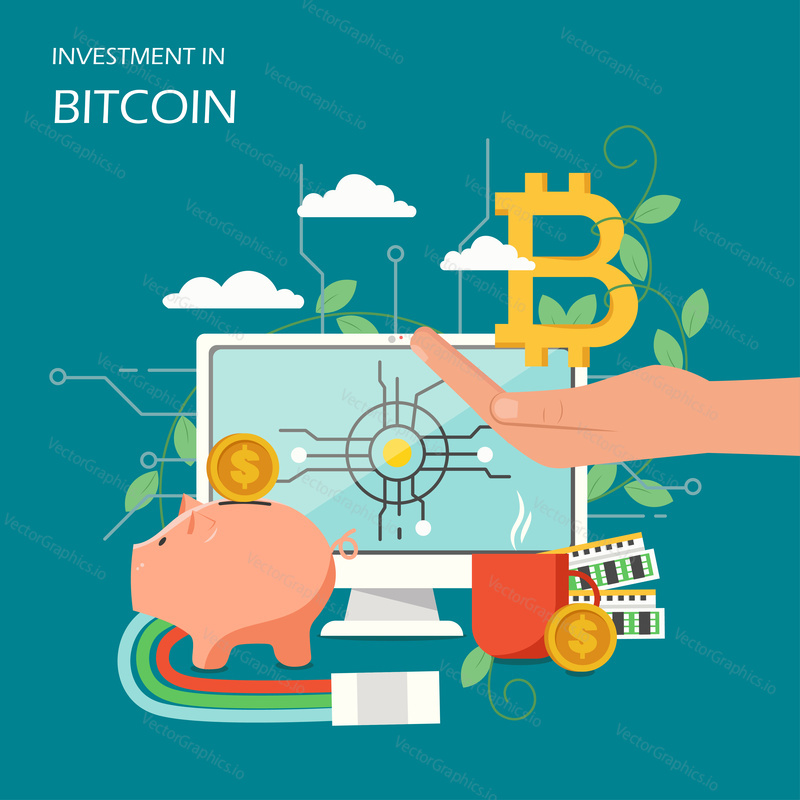 Investment in bitcoin concept vector illustration. Bitcoin sign on hand palm, desktop computer, piggy bank, dollar coins. Online funding and investing in cryptocurrency poster, banner.