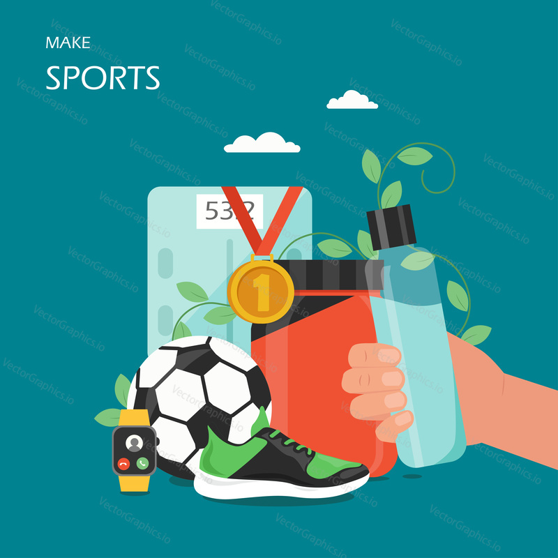 Make sports vector flat illustration. Hand holding water bottle, whey protein, football soccer ball, first place gold medal, shoe, smartwatch or fitness tracker. Sport and healthy lifestyle poster.