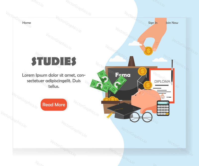 Education landing page template. Vector flat style design concept for website and mobile site development. Studies, education expenses and returns to investments.