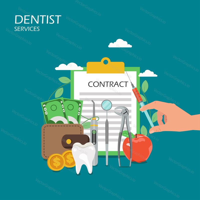 Dentist services concept vector flat illustration. Hand holding syringe with anesthetic injection, dentist tools, tooth, apple, wallet, money, clipboard with contract form. Dental health poster banner