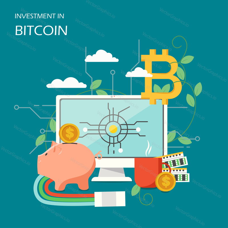 Investment in bitcoin concept vector illustration. Bitcoin symbol, desktop computer, piggy bank, dollar coins. Investing in digital currency cryptocurrency poster, banner.
