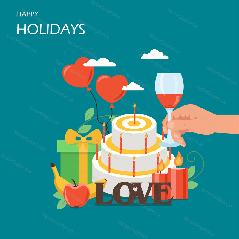 Happy holidays vector flat illustration. Hand holding glass of red wine, holiday cake with candles, heart shaped balloons, gift box, apple, banana. Greeting card, celebration poster, banner.