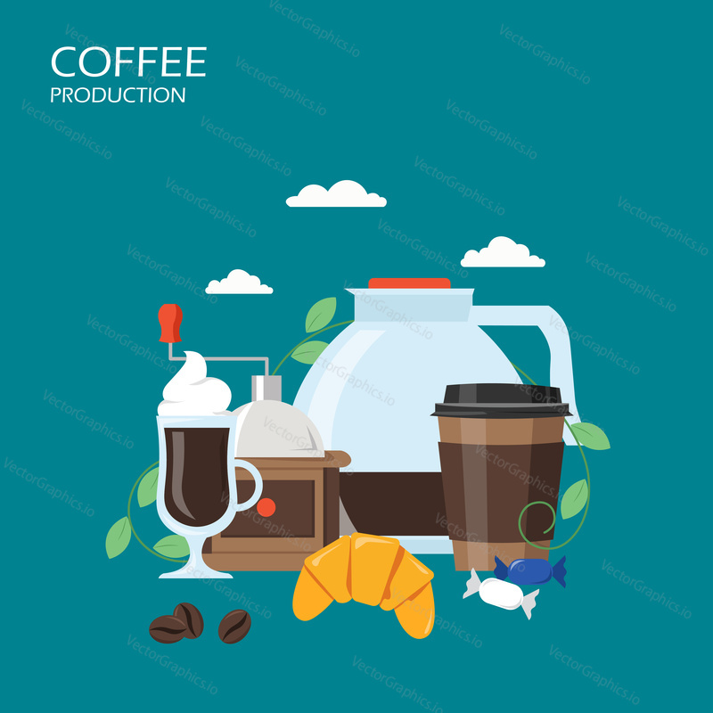 Векторная плоская иллюстрация производства кофе. Стеклянный кувшин, кружка, одноразовый стаканчик с горячим бодрящим напитком, круассан, конфеты. Плакат кофейни, баннер.