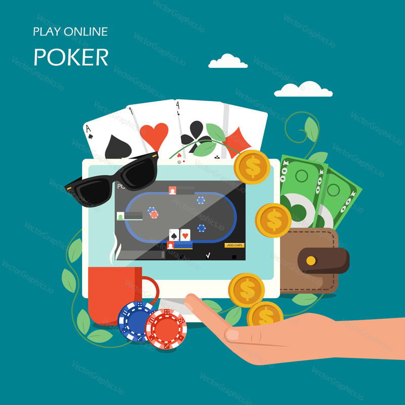 Online poker concept vector illustration. Computer with poker table on monitor screen, gambling chips, cards, human hand holding dollar coins, purse with paper money. Casino poker game poster, banner.