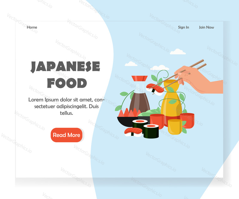 Japanese food restaurant sushi bar landing page template. Vector flat style design concept for japanese cuisine information website and mobile site development. Traditional nigiri maki sushi soy sauce