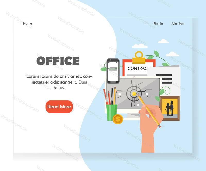 Office landing page template. Vector flat style design concept for office space website and mobile site development. Creative professional workplace.