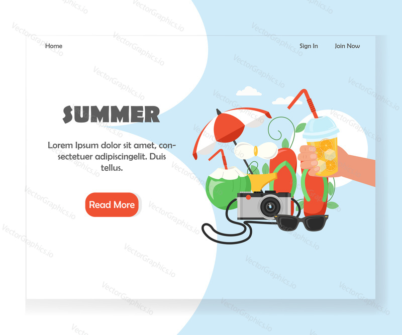 Travel agency landing page template. Vector flat style design concept for website and mobile site development. Summer holidays, tropical beach party.