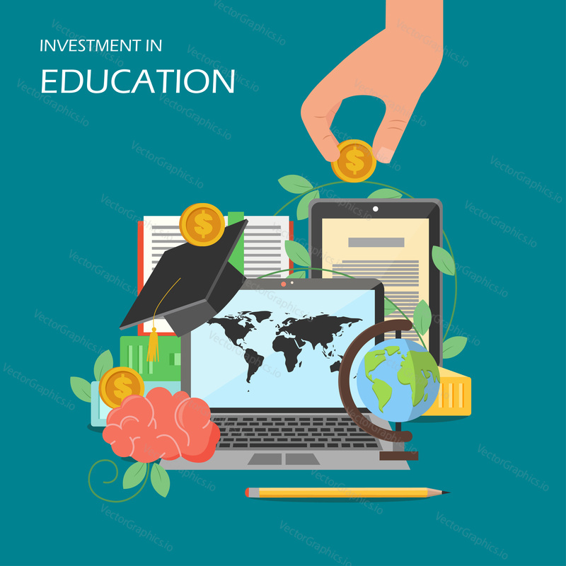 Investment in education concept vector flat illustration. Laptop, globe, academic graduation cap, human brain, hand holding dollar coin. Business investing in human capital development poster, banner.