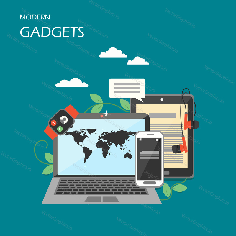 Modern gadgets vector flat illustration. Laptop, mobile phone, tablet, smartwatch and smartphone. Electronic devices, wearable modern technology, digital tech innovations poster, banner.