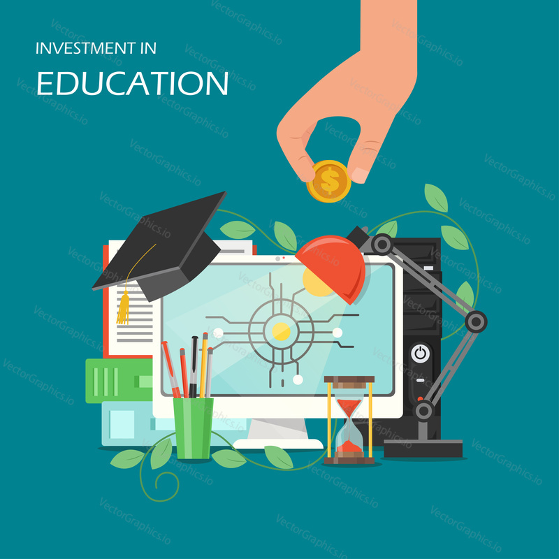 Investment in education concept vector flat illustration. Computer, academic graduation cap, hourglass, desk lamp, stationery, hand holding dollar coin. Investing in company staff education poster.
