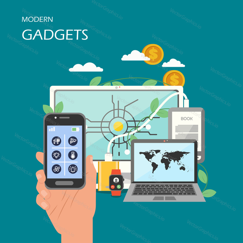 Modern gadgets vector flat illustration. Laptop, desktop computer, ebook connected to power bank, smart watch and hand holding smartphone with Iot remote home control app. Digital trends poster banner