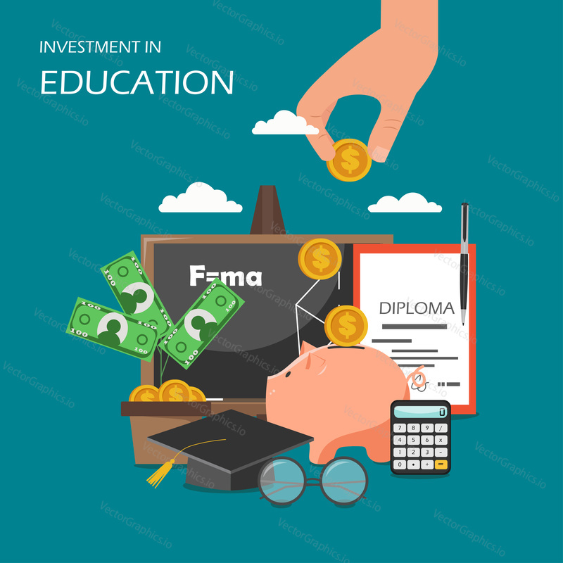 Investment in education concept vector flat illustration. Diploma, piggy bank, graduation cap, calculator, hand holding dollar coin, money tree. Education expenses and returns to investments poster.
