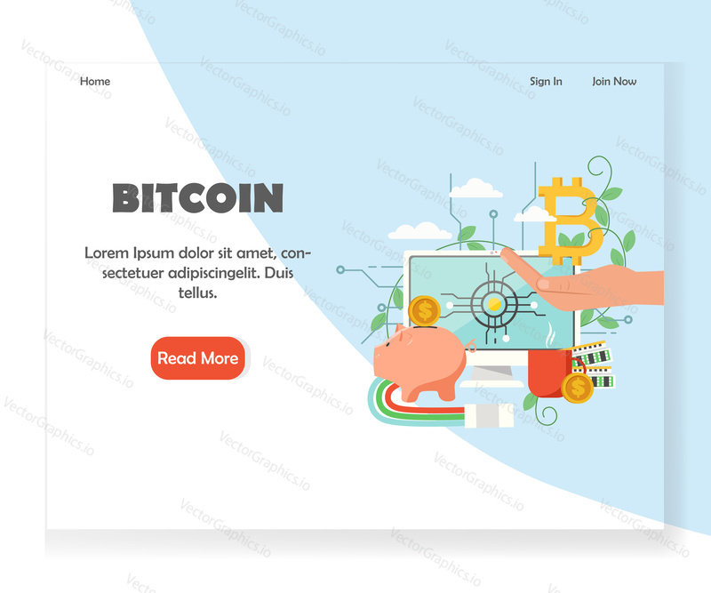 Bitcoin investment landing page template. Vector flat style design concept for website and mobile site development. Online funding and investing in cryptocurrency.