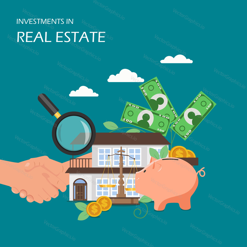 Investments in real estate vector flat illustration. Property house, money tree, handshake, piggy bank, safe and magnifying glass. House investment, financial growth, savings money poster, banner.
