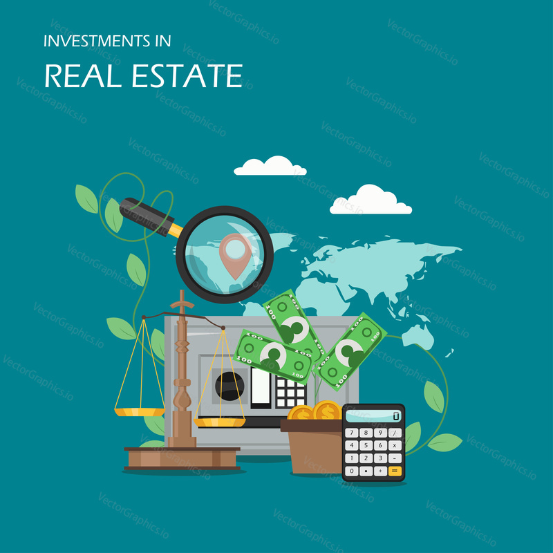Investments in real estate vector flat illustration. Money tree, safe, scales, calculator, world map with location pin, magnifying glass. Financial growth poster banner