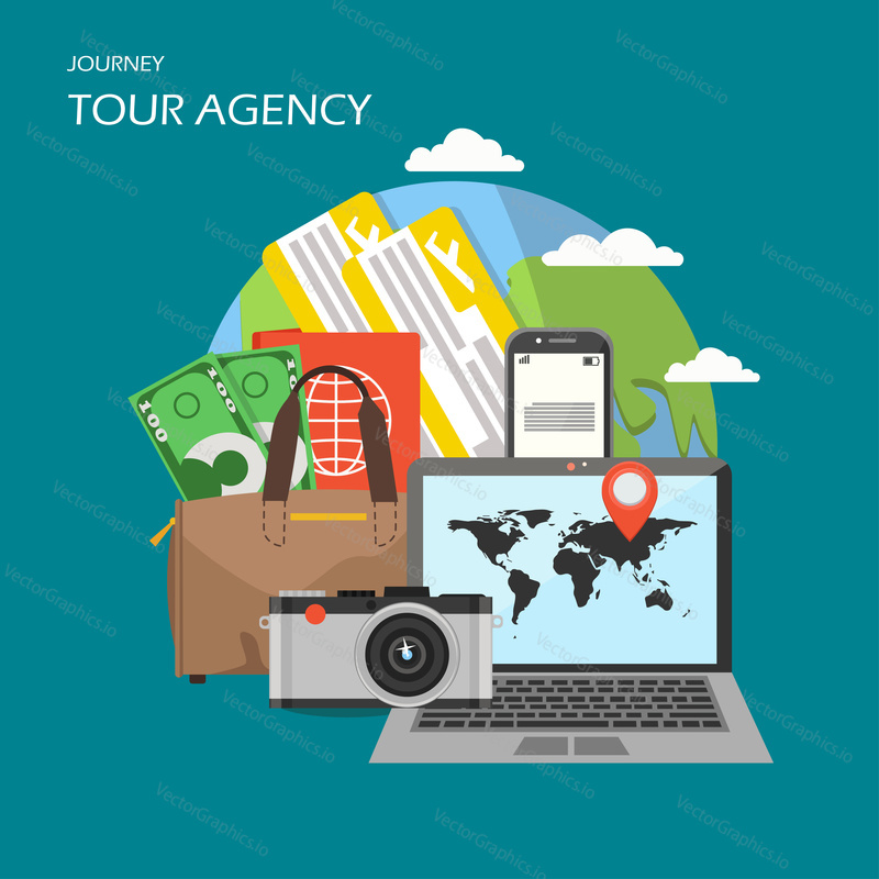 Tour agency poster banner. Vector flat illustration. Globe, smartphone, plane tickets, bag with passport money, laptop with world map location pin on screen, camera. Worldwide journey by air concept.