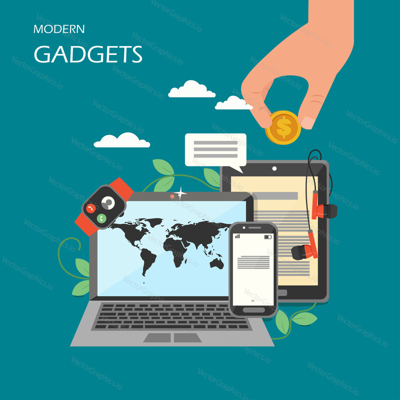 Modern gadgets vector flat illustration. Laptop, mobile phone, tablet, smartwatch and hand holding dollar coin. Electronic devices, wearable technology, investment in modern technology poster, banner.