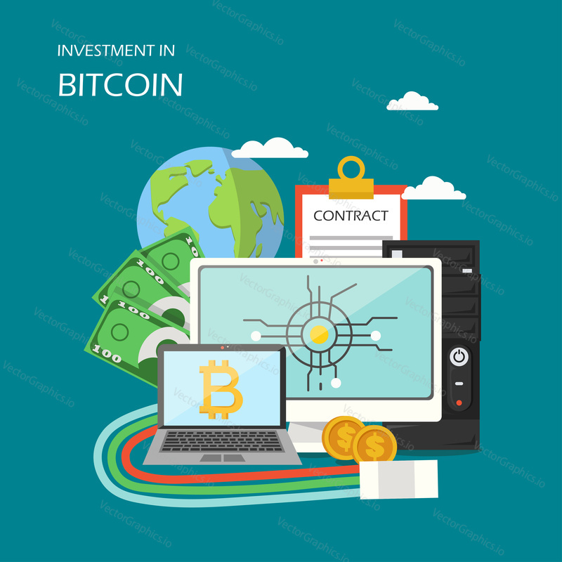Investment in bitcoin concept vector illustration. Globe, computer, laptop with bitcoin sign, clipboard with contract form, money. Investing in digital currency, in blockchain technology poster banner