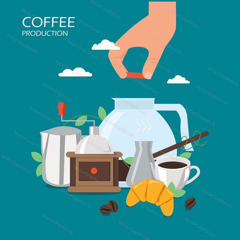 Coffee production vector flat illustration. Turkish cezve pot, hand putting lid on glass pitcher, grinder, cup of hot drink, croissant. Turkish coffee making equipment and accessories poster, banner.