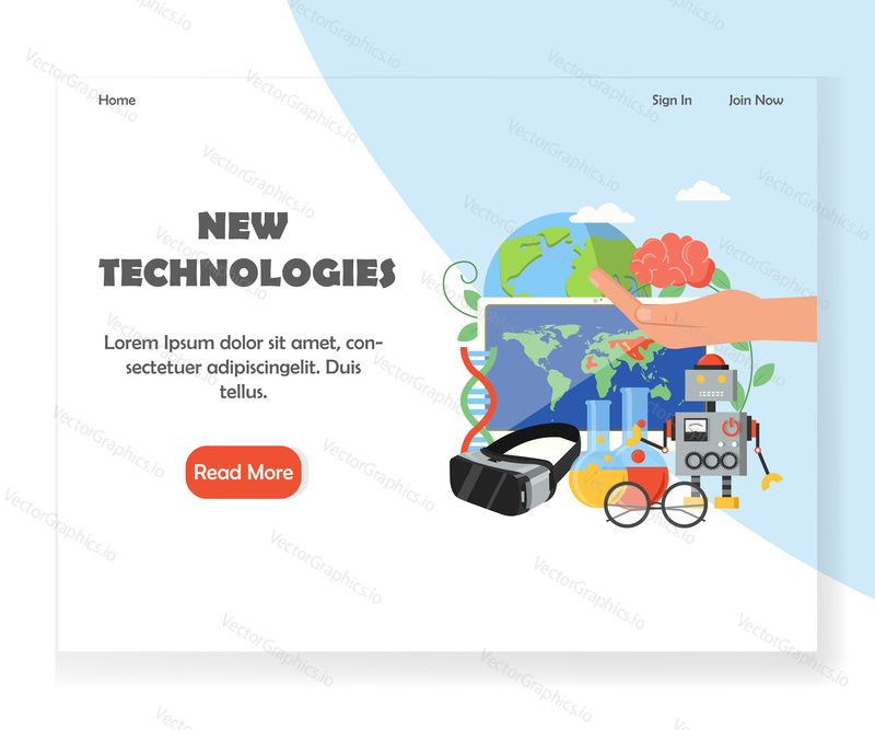 New technologies landing page template. Vector flat style design concept for website and mobile site development. Scientific discoveries, virtual reality and robotic technologies.