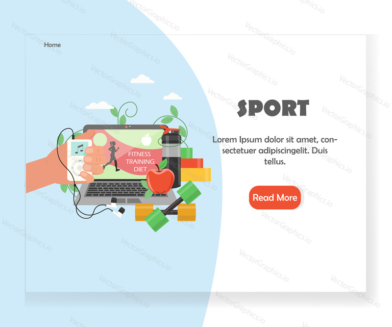 Sport landing page template. Vector flat style design concept for online personal training and nutrition coaching website and mobile site development. Virtual fitness gym services.