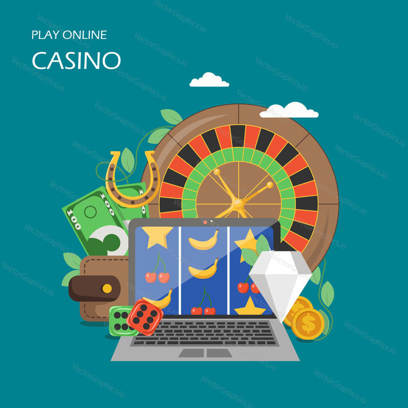 Online casino concept vector flat illustration. Roulette wheel, slot machine game on computer screen, red and green dices, dollar coins, wallet with money. Internet casino gambling poster, banner.