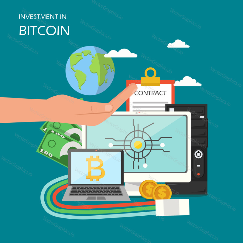 Investment in bitcoin concept vector illustration. Globe on hand palm, computer, laptop with bitcoin sign, clipboard with contract, money. Online funding and investing in cryptocurrency poster banner.