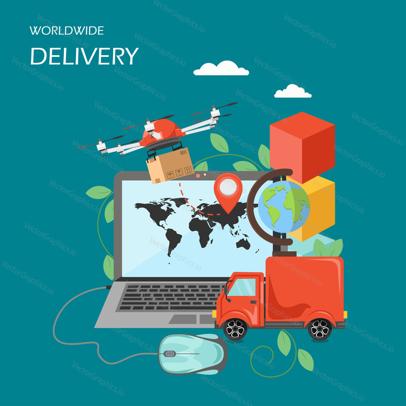 Worldwide delivery concept vector flat illustration. Computer with world map and location pin on monitor, drone delivering parcel, globe, truck. Shipping, tracking, delivery services poster, banner.