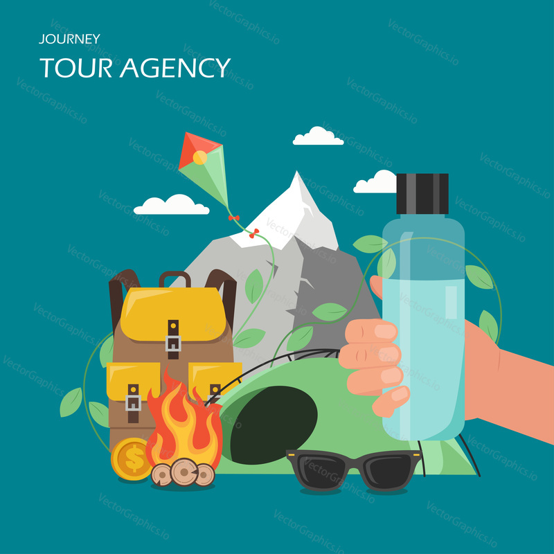 Tour agency advertising poster banner. Vector flat illustration. Mountain, kite, campfire, tent, backpack, dollar coin, hand holding charcoal lighter fluid bottle. Camping hiking trekking concept.