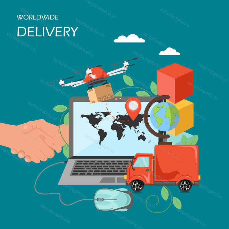 Worldwide delivery concept vector flat illustration. Computer with world map and location pin on monitor, drone delivering parcel, truck, globe, handshake. Delivery service poster, banner.