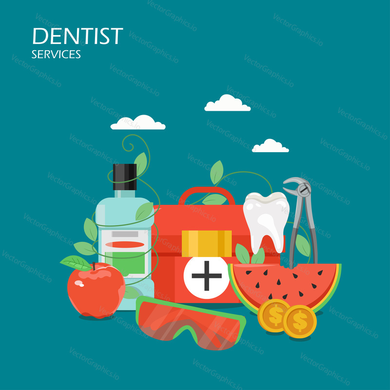 Dentist services concept vector flat illustration. Mouthwash, healthy tooth, first aid kit, dentist tools, slice of watermelon, apple. Dental and oral health poster, banner.