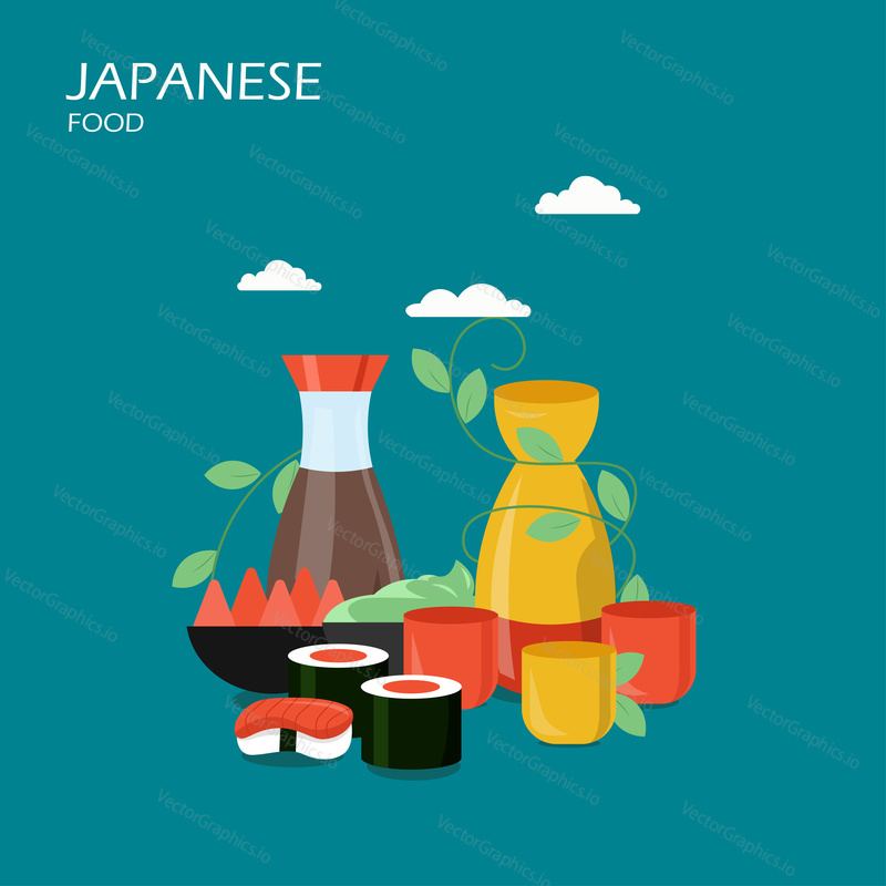 Векторная плоская иллюстрация японской кухни. Японские суши-роллы маки, суши нигири, соевый соус и т.д. Плакат традиционной азиатской кухни, баннер.