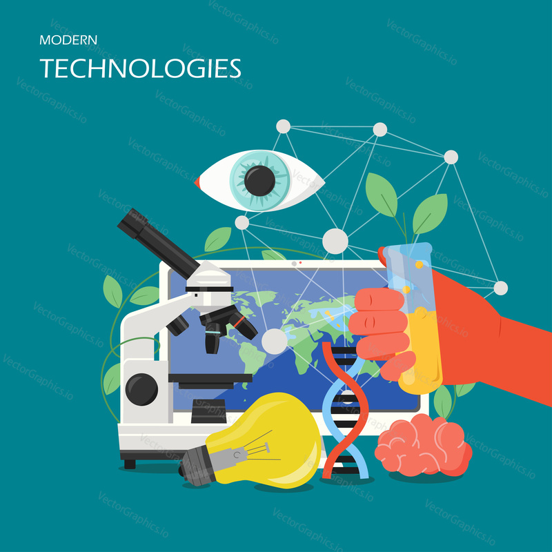 New technologies vector flat style design illustration. Human brain, microscope, dna symbol, eye, light bulb, hand holding test tube. Innovation, creative thinking, science research poster banner.