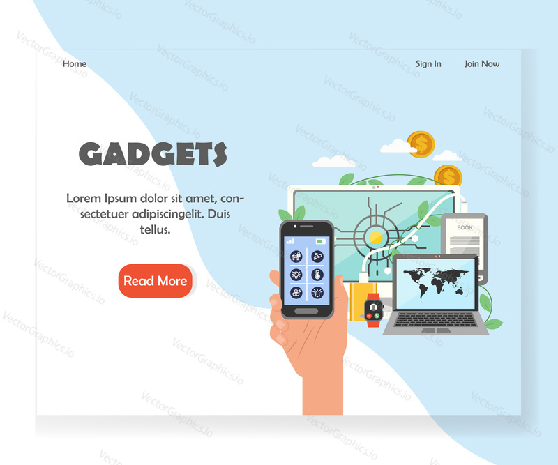 Modern gadgets landing page template. Vector flat style design concept for website and mobile site development. Electronic devices for home, office, fitness.