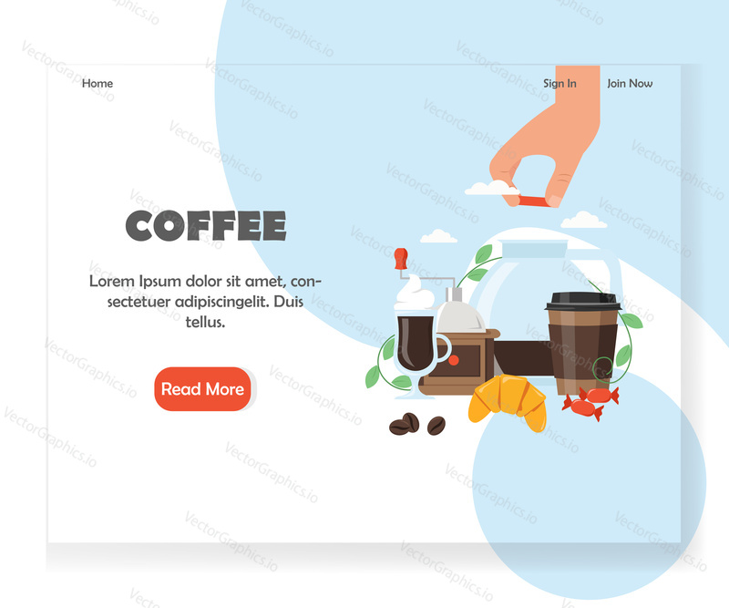 Coffee shop, cafe and coffeehouse landing page template. Vector flat style design concept for coffee information website and mobile site development.