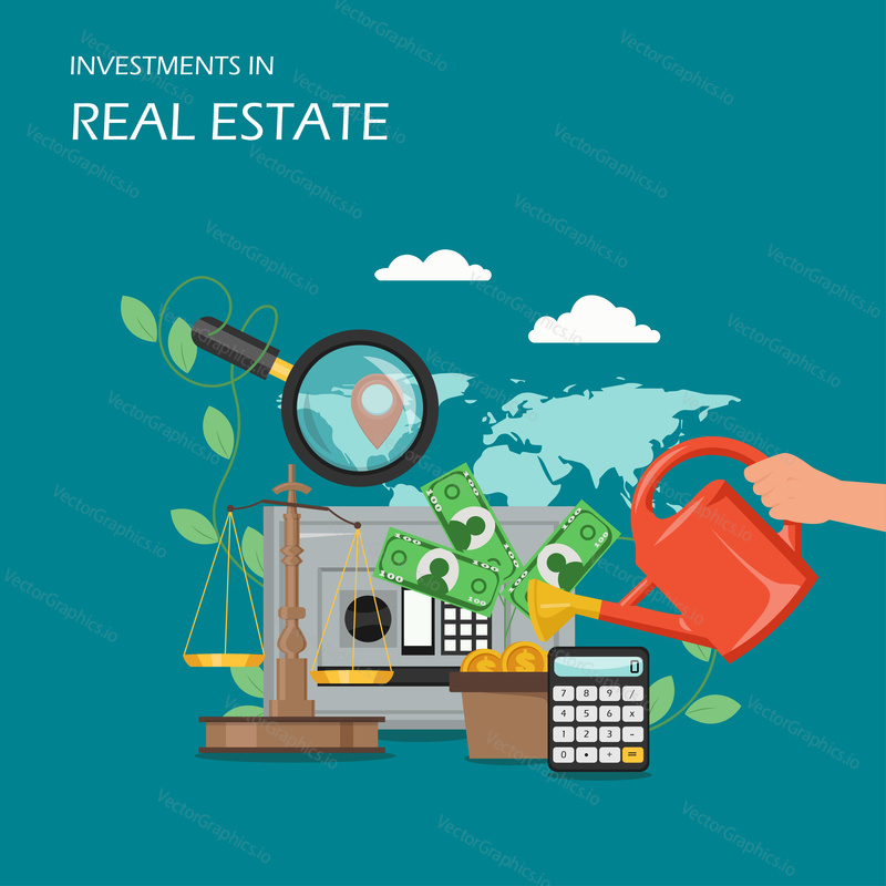 Investments in real estate vector flat illustration. Hand watering money tree with watering can, safe, scales, calculator, world map with location pin, magnifying glass. Financial growth poster banner
