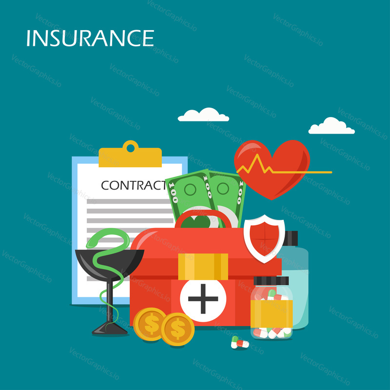 Insurance concept vector flat illustration. Human heart, contract, first aid kit, medication, money, shield etc. Life and health insurance, medical care and healthcare poster, banner.