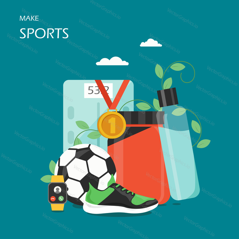 Make sports vector flat illustration. Water bottle, whey protein container, football soccer ball, first place gold medal, shoe, smartwatch or fitness tracker. Sport and physical activity poster banner