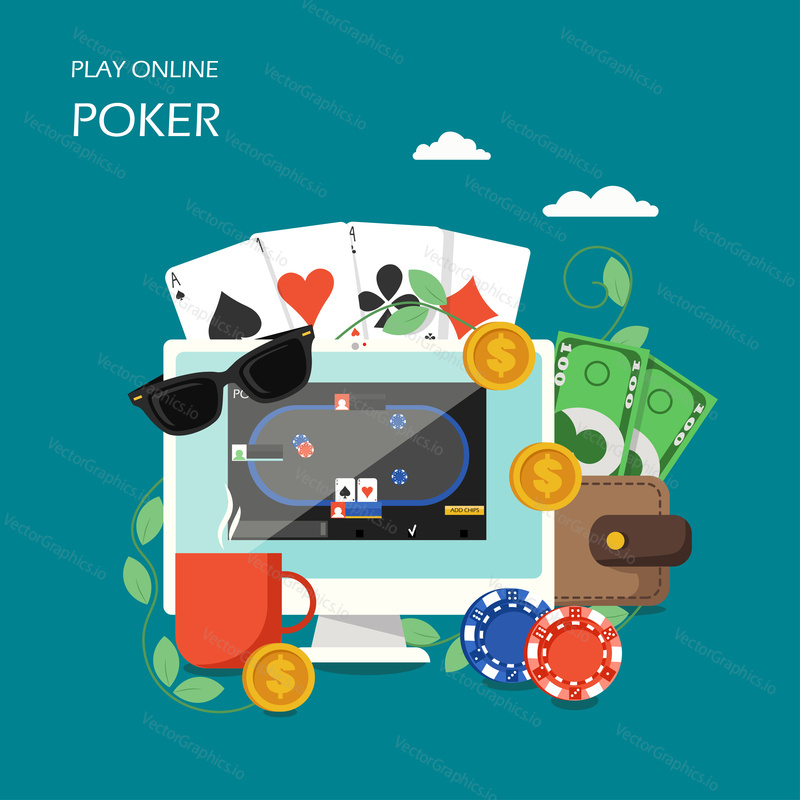 Online poker concept vector illustration. Computer with virtual poker table on monitor screen, gambling chips, cards, dollar coins, purse with paper money, glasses. Internet casino poker poster banner