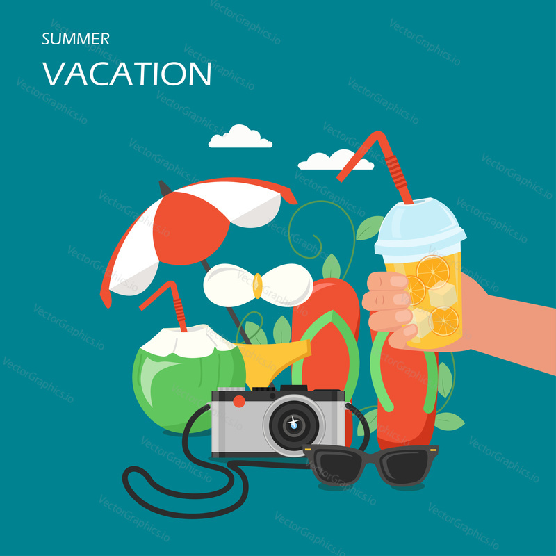 Summer vacation vector flat illustration. Beach accessories sun umbrella swimsuit flip flops coconut cocktail sunglasses camera and hand holding glass of lemonade. Summer beach holidays poster banner.