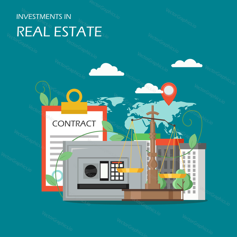 Investments in real estate concept vector flat illustration. Contract, city buildings, safe, scales, world map with location pin. Real estate investing, finance growth and savings money poster banner.