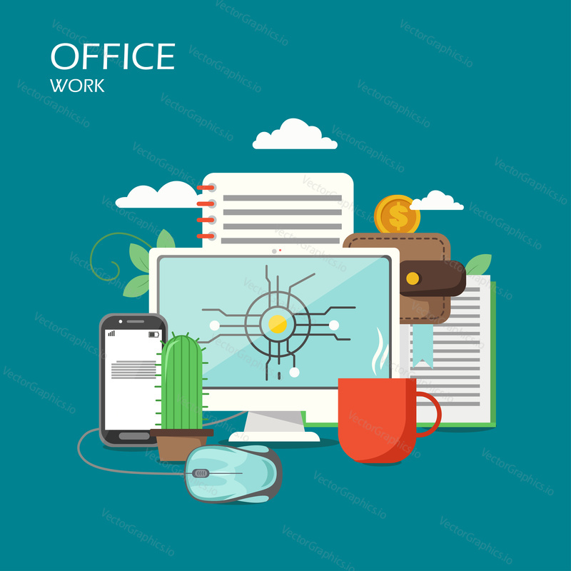 Office work vector flat style design illustration. Desktop computer, smartphone, mouse, purse with dollar coin, notepad, cactus and cup of tea. Office workplace poster, banner.