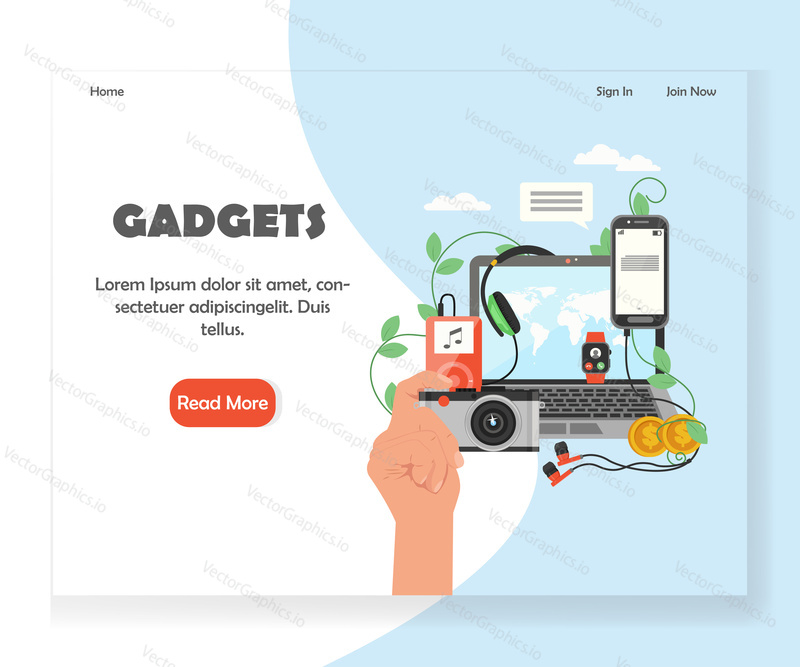 Modern gadgets landing page template. Vector flat style design concept for website and mobile site development. Fashionable electronic devices and new wearable technology products.