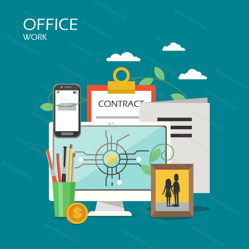 Office work vector flat style design illustration. Desktop computer, smartphone, clipboard with contract form, stationery, photo in frame. Office workspace poster, banner.