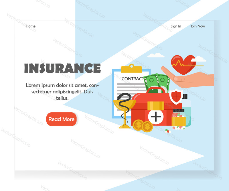 Insurance company landing page template. Vector flat style design concept for website and mobile site development. Health insurance services.