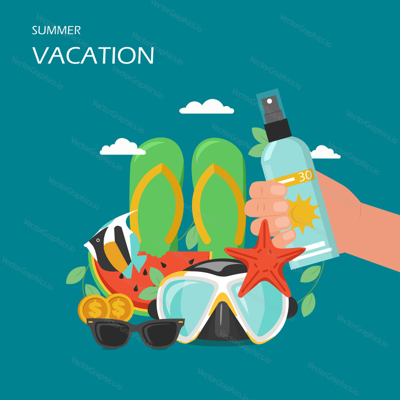 Summer vacation vector flat illustration. Beach accessories flip flops, sunglasses, starfish, slice of watermelon exotic fish scuba mask and hand holding sunscreen. Summer beach holidays poster banner