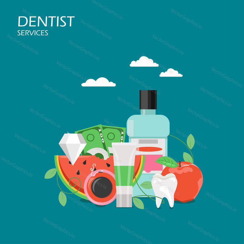 Dentist services concept vector flat illustration. Toothpaste, mouthwash, healthy tooth, apple, slice of watermelon, diamond and paper money. Dental hygiene, oral cleaning poster, banner.