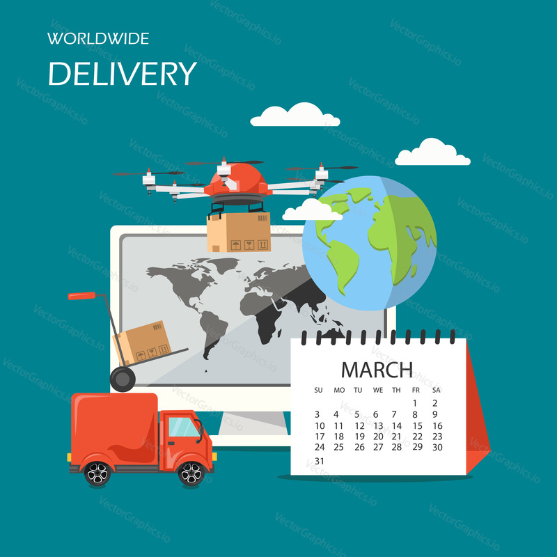 Worldwide delivery concept vector flat illustration. Computer with world map on monitor, drone delivering parcel, truck, globe, calendar. Delivery service poster, banner.